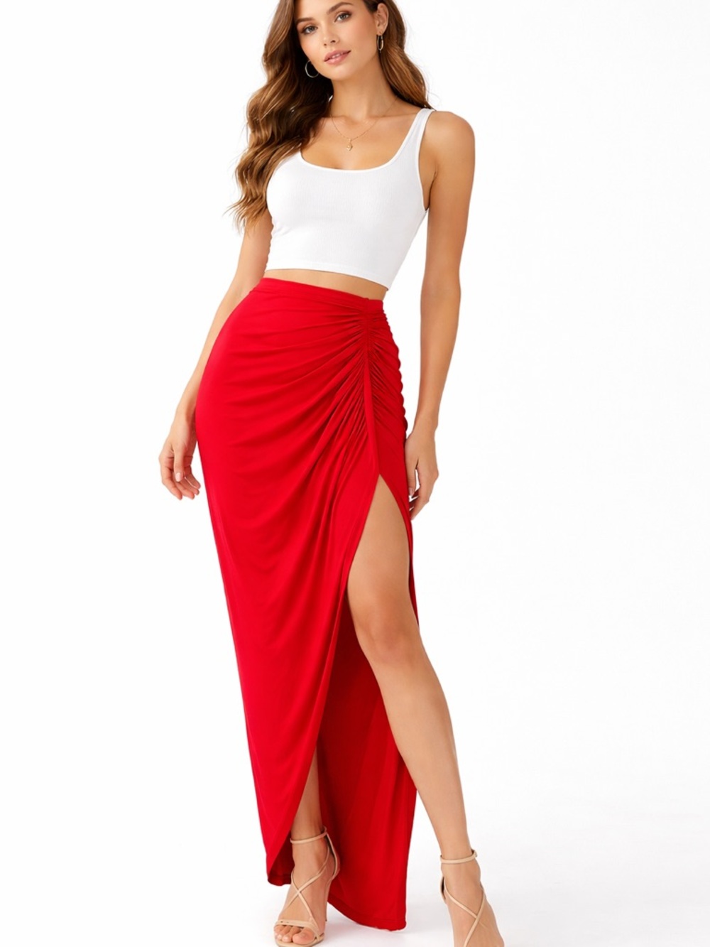 HALARA Red Ruched High-Slit Maxi Skirt NWT Size S